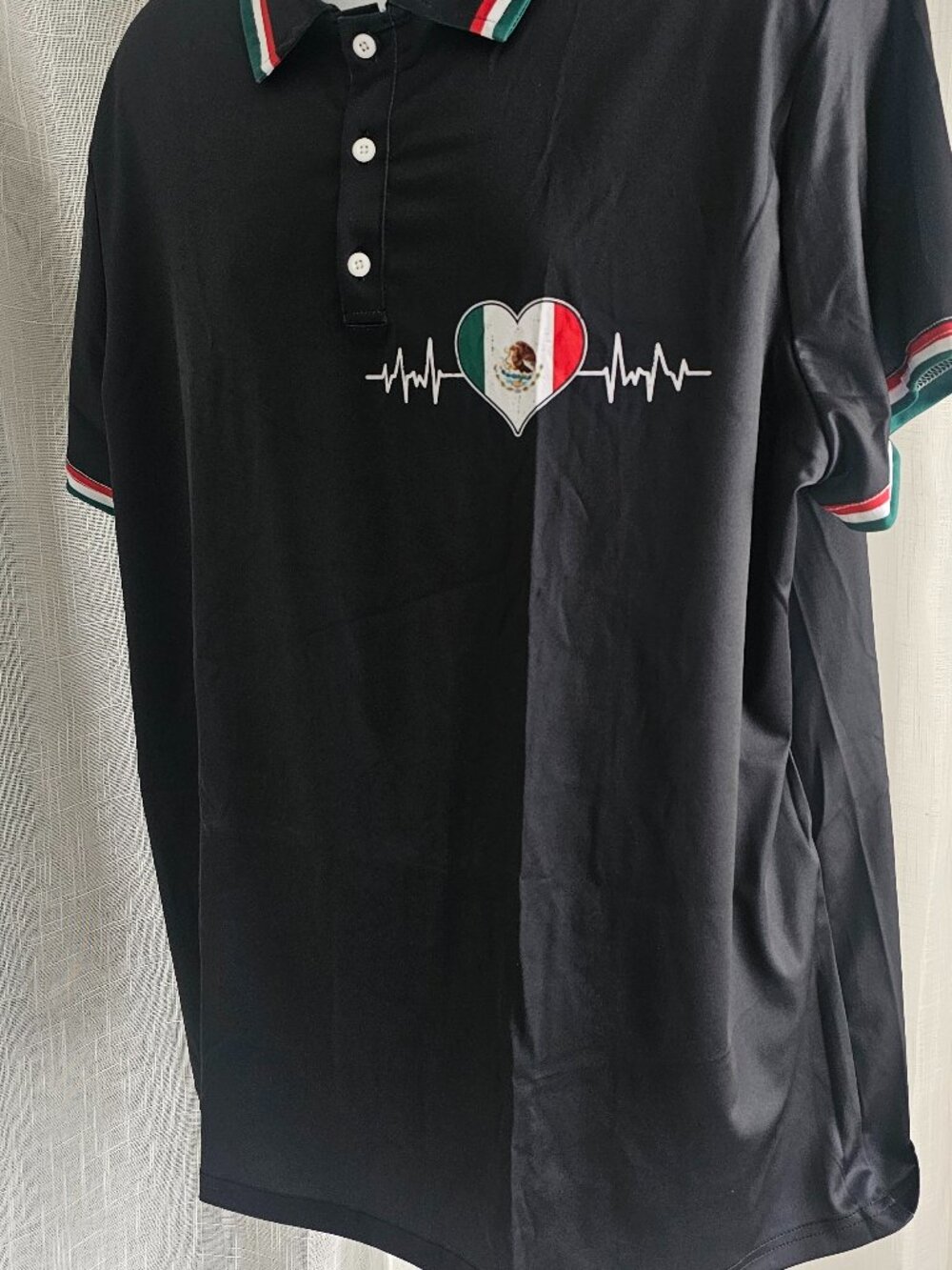Men Mexico Flag Heartbeat EKG Pulse Mexican Pride Polo T-Shirt Black Size 3XL N
